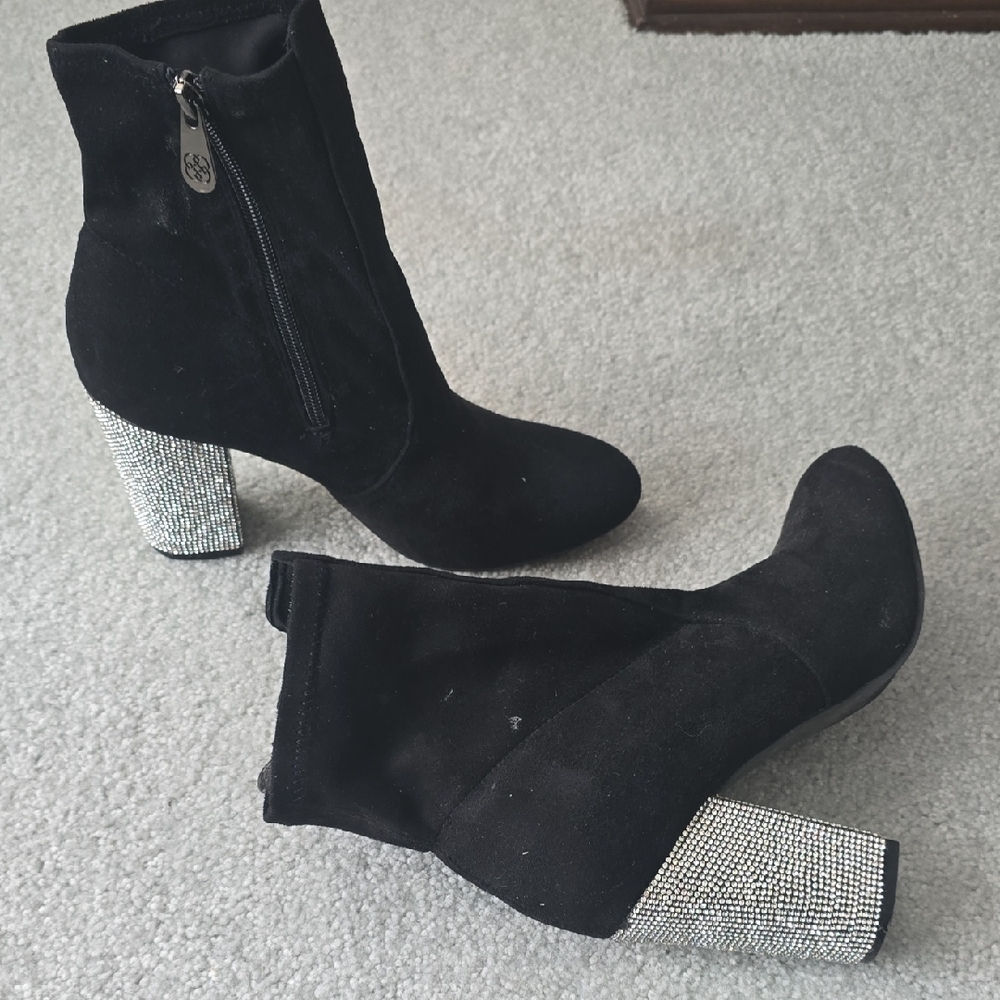 Black Booties Jeweled Rhinestone Heel